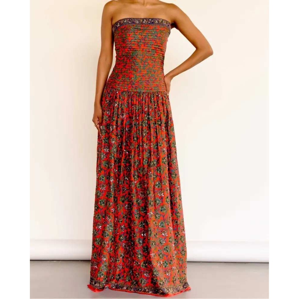 Sani Women's Maya Strapless Beaded Floral Drop Waist Maxi Dress Red L Boho Chic